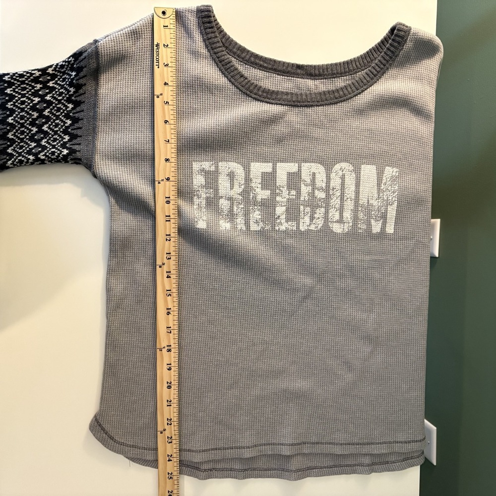 We the Free Waffle Knit Thermal Top Sz L Freedom Graphic Elbow Patches Boho USA - Picture 11 of 11